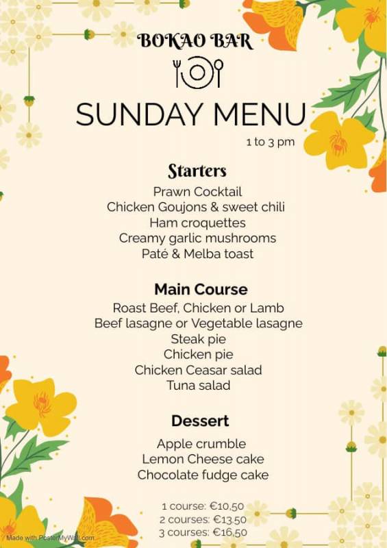 May 12 Sunday Lunch menu at the Bokao Bar, Condado de Alhama Golf Resort
